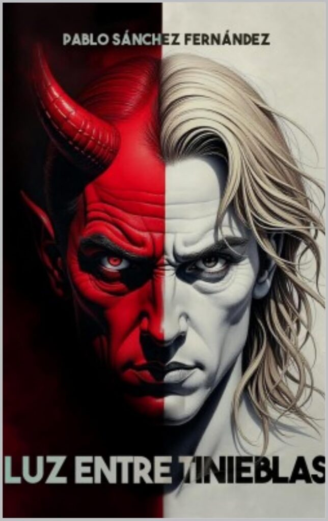 Ilustración dividida en dos de un rostro: la mitad izquierda muestra a un demonio rojo con cuerno y ojo carmesí, y la mitad derecha a un hombre de cabello claro en tonos grises, bajo el título Luz entre Tinieblas.
